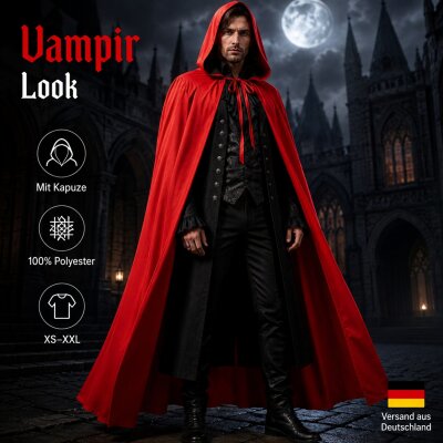 Roter Halloween Umhang mit Kapuze – 100% Polyester, Unisex XS–XXL, Kostüm Cape für Vampir, Rotkäppchen, Hexe, Zauberer, Teufel, Weihnachtsmann, Cosplay & Karneval