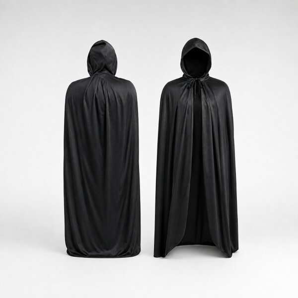 Schwarzer Halloween Umhang mit Kapuze – 100% Polyester, Unisex XS–XXL, Kostüm Cape für Vampir, Hexe, Zauberer, Magier, Pestdoktor, Sensenmann, Cosplay, LARP & Karneval