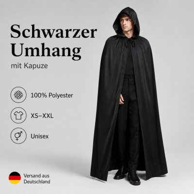 Schwarzer Halloween Umhang mit Kapuze – 100%...
