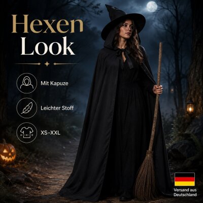 Schwarzer Halloween Umhang mit Kapuze – 100% Polyester, Unisex XS–XXL, Kostüm Cape für Vampir, Hexe, Zauberer, Magier, Pestdoktor, Sensenmann, Cosplay, LARP & Karneval