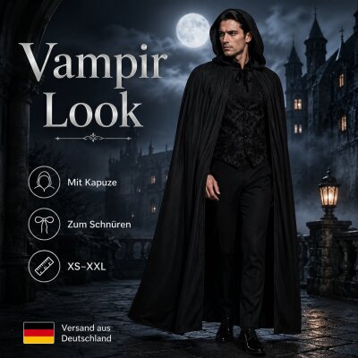Schwarzer Halloween Umhang mit Kapuze – 100% Polyester, Unisex XS–XXL, Kostüm Cape für Vampir, Hexe, Zauberer, Magier, Pestdoktor, Sensenmann, Cosplay, LARP & Karneval