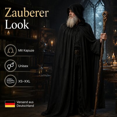 Schwarzer Halloween Umhang mit Kapuze – 100% Polyester, Unisex XS–XXL, Kostüm Cape für Vampir, Hexe, Zauberer, Magier, Pestdoktor, Sensenmann, Cosplay, LARP & Karneval