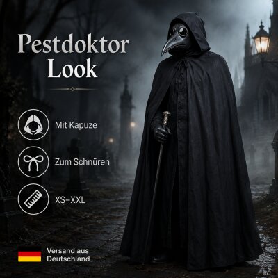 Schwarzer Halloween Umhang mit Kapuze – 100% Polyester, Unisex XS–XXL, Kostüm Cape für Vampir, Hexe, Zauberer, Magier, Pestdoktor, Sensenmann, Cosplay, LARP & Karneval