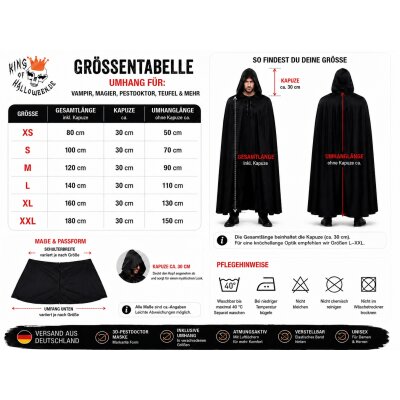 Schwarzer Halloween Umhang mit Kapuze – 100% Polyester, Unisex XS–XXL, Kostüm Cape für Vampir, Hexe, Zauberer, Magier, Pestdoktor, Sensenmann, Cosplay, LARP & Karneval