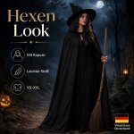 Schwarzer Halloween Umhang mit Kapuze – 100% Polyester, Unisex XS–XXL, Kostüm Cape für Vampir, Hexe, Zauberer, Magier, Pestdoktor, Sensenmann, Cosplay, LARP & Karneval