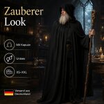 Schwarzer Halloween Umhang mit Kapuze – 100% Polyester, Unisex XS–XXL, Kostüm Cape für Vampir, Hexe, Zauberer, Magier, Pestdoktor, Sensenmann, Cosplay, LARP & Karneval