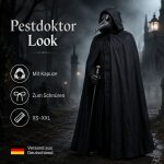 Schwarzer Halloween Umhang mit Kapuze – 100% Polyester, Unisex XS–XXL, Kostüm Cape für Vampir, Hexe, Zauberer, Magier, Pestdoktor, Sensenmann, Cosplay, LARP & Karneval
