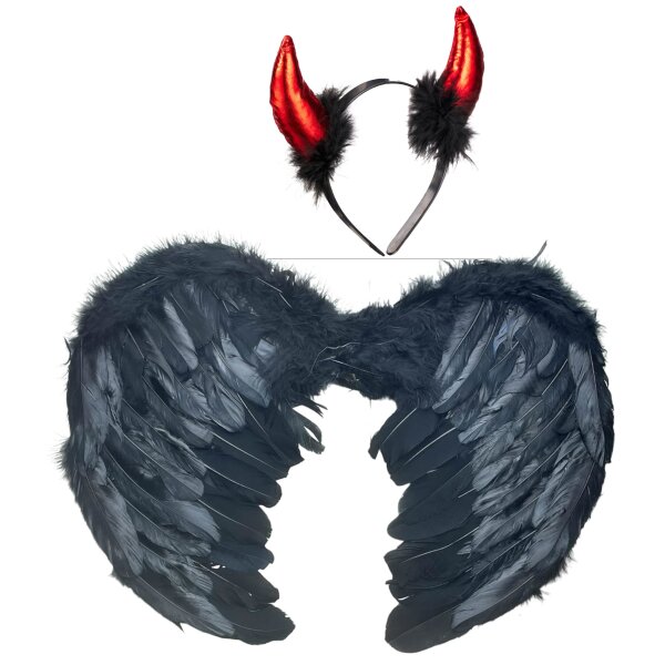 KOH I Engel | Teufel | Dämon | Engelsflügel + Rote Teufelshörner Haarreif | Haarband | Kopfbedeckung | Halloween | Fastnacht | Karneval | Fasching | Unisex Damen Mädchen Männer Jungen (Rot)