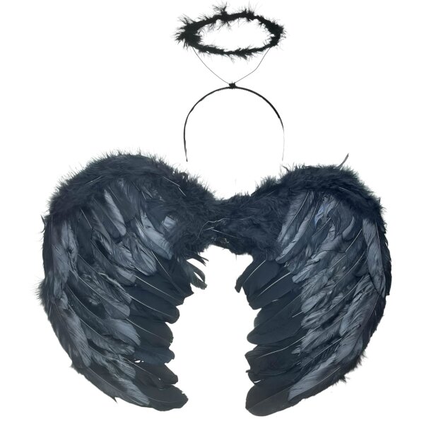 KOH I Engel | Teufel | gefallener Engel | Dämon | Engelsflügel + Heiligenschein Haarreif | Haarband | Kopfbedeckung | Halloween | Fastnacht | Karneval | Fasching | Unisex Damen Mädchen (Schwarz)